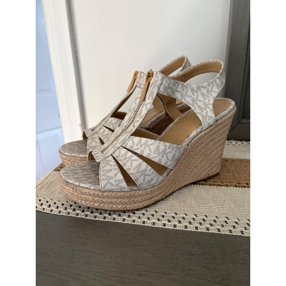Michael Kors Wedge Espadrille Sandals Vanilla Logo Size 10